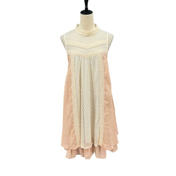 A’reve Anthropologie Cream Lace High Neck Sleeveless Peach A-line Mini Dress - Picture 1 of 14